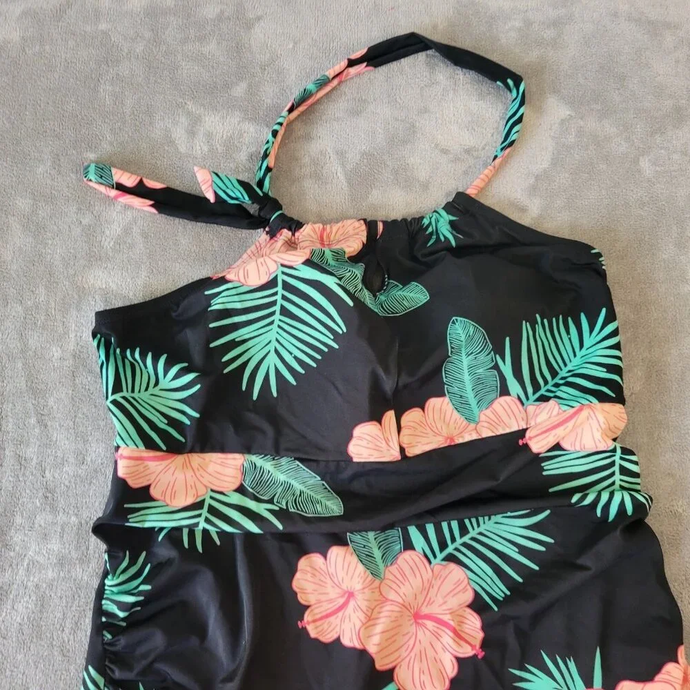 Crane Womens Swimsuit XXL Plus One Piece Halter Keyhole Pink Black FLO97E